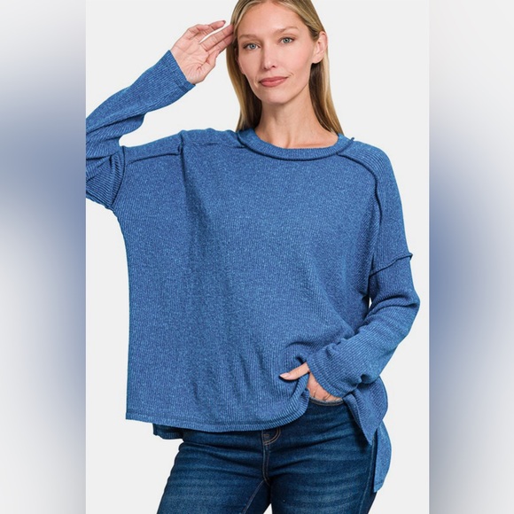 Zenana Full Size Exposed Seam Brushed Round Neck Sweater 10010030579 - Picture 1 of 3